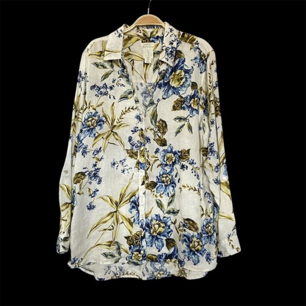 Joie Linen Floral Print Button Down Shirt Women XL White Blue Cottagecore NEW